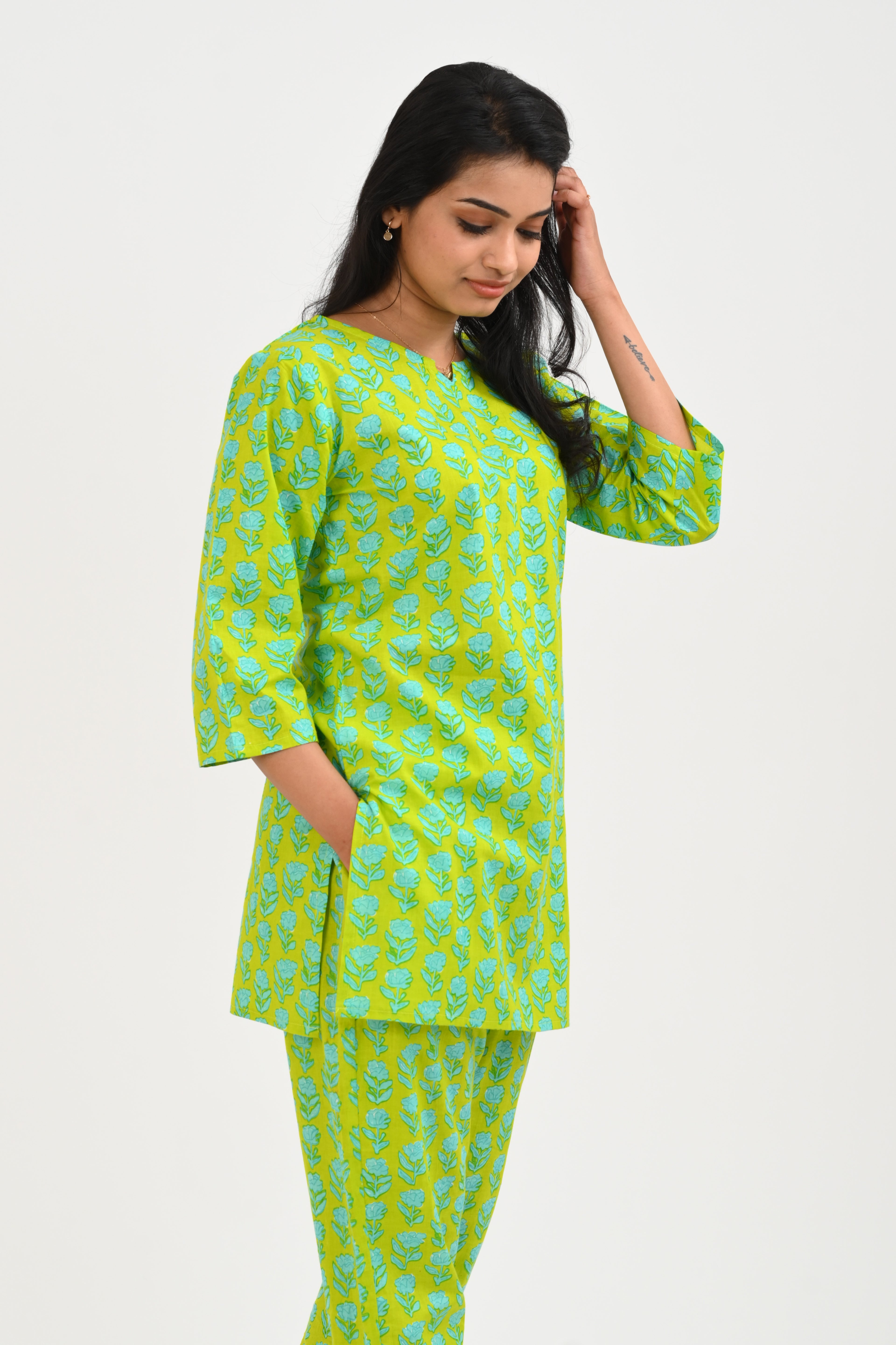 Lime Green Cotton Printed Pyjama Set