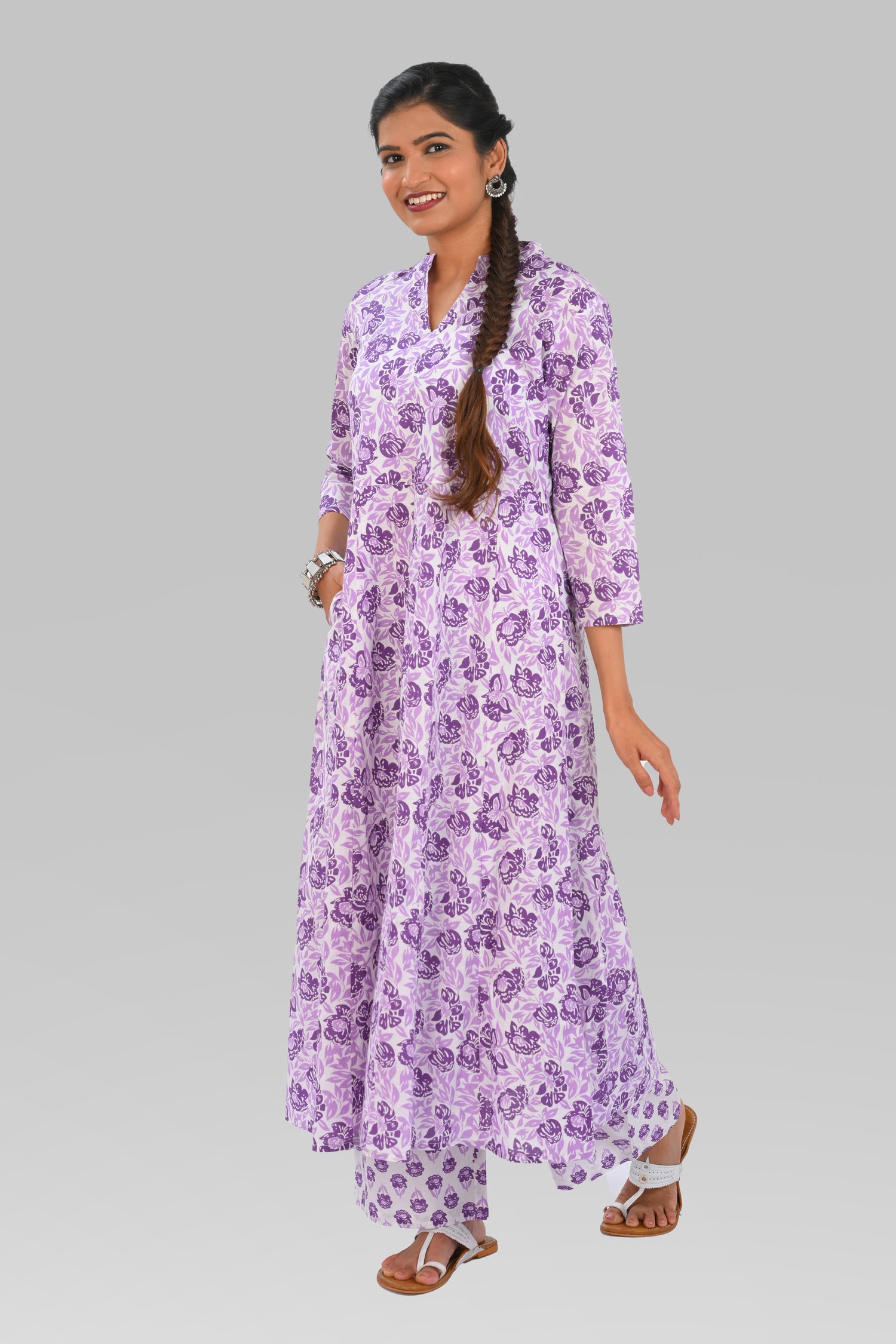 Lavender Purple Cotton Printed Kurta Set