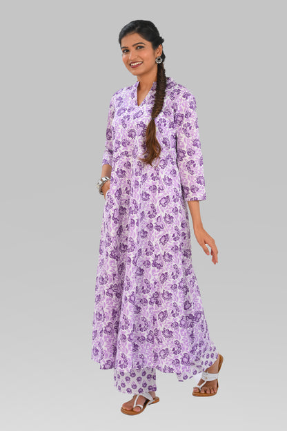 Lavender Purple Cotton Printed Kurta Set