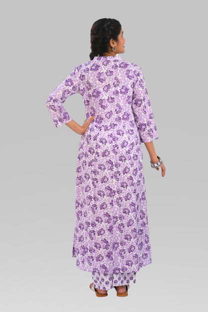 Lavender Purple Cotton Printed Kurta Set