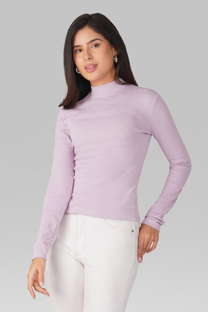 Lavender Ribbed Mock Neck Long Sleeve Top