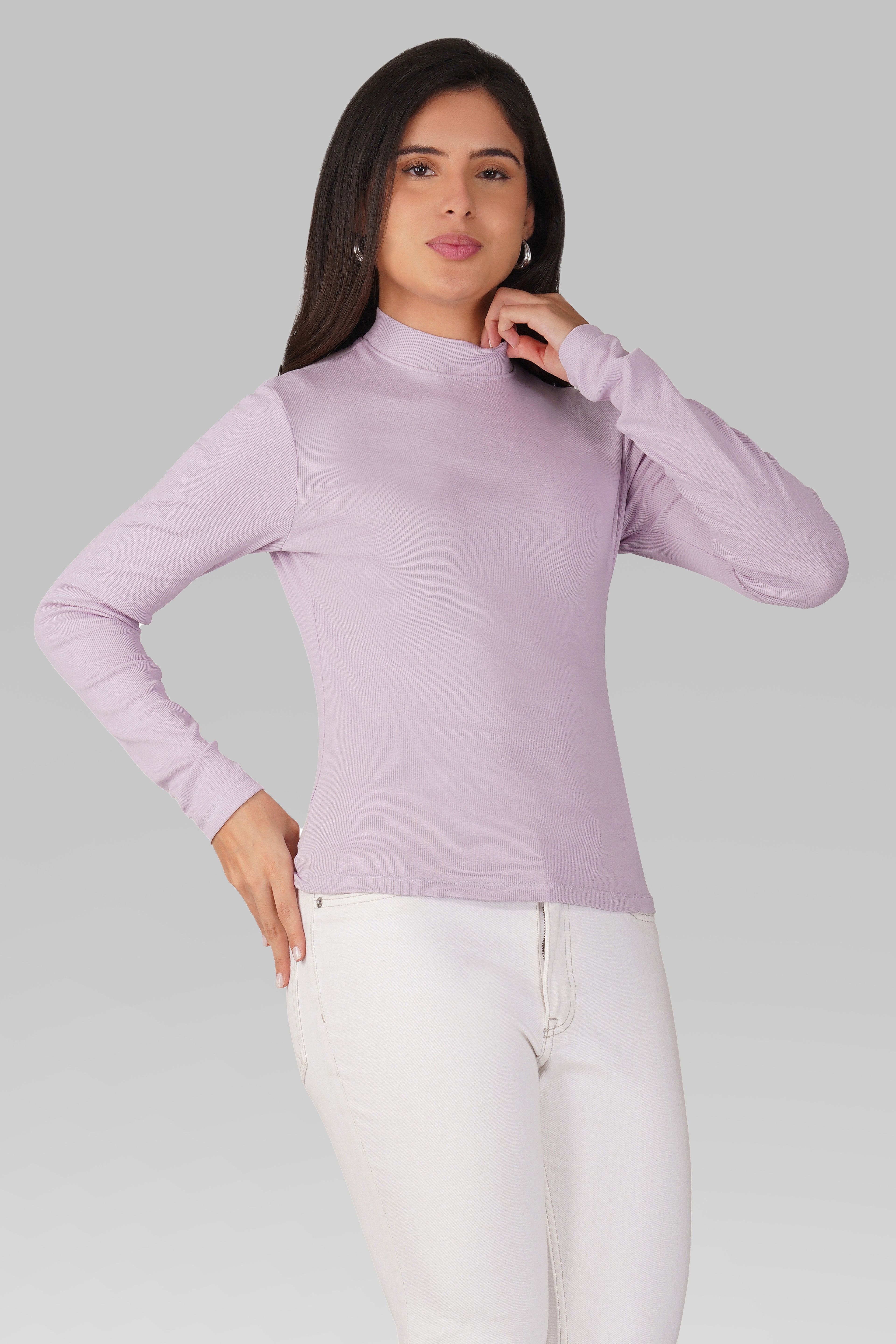 Lavender Ribbed Mock Neck Long Sleeve Top