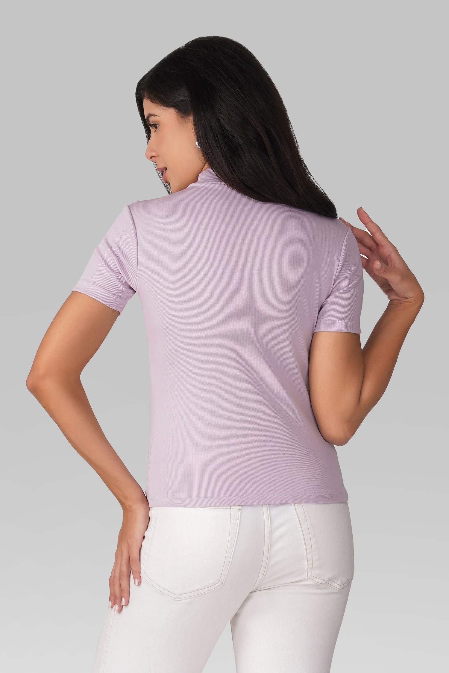 Lavender Ribbed Mock Neck Short Sleeve Top