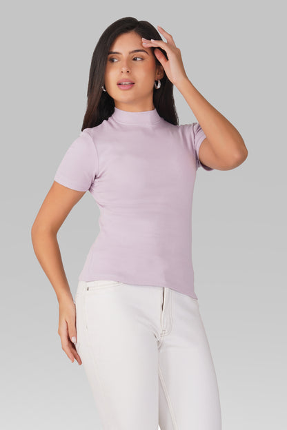 Lavender Ribbed Mock Neck Short Sleeve Top