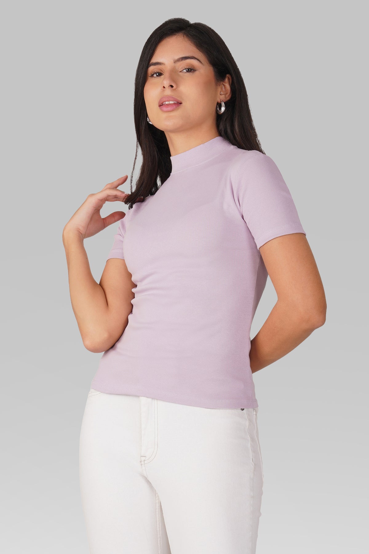 Lavender Ribbed Mock Neck Short Sleeve Top