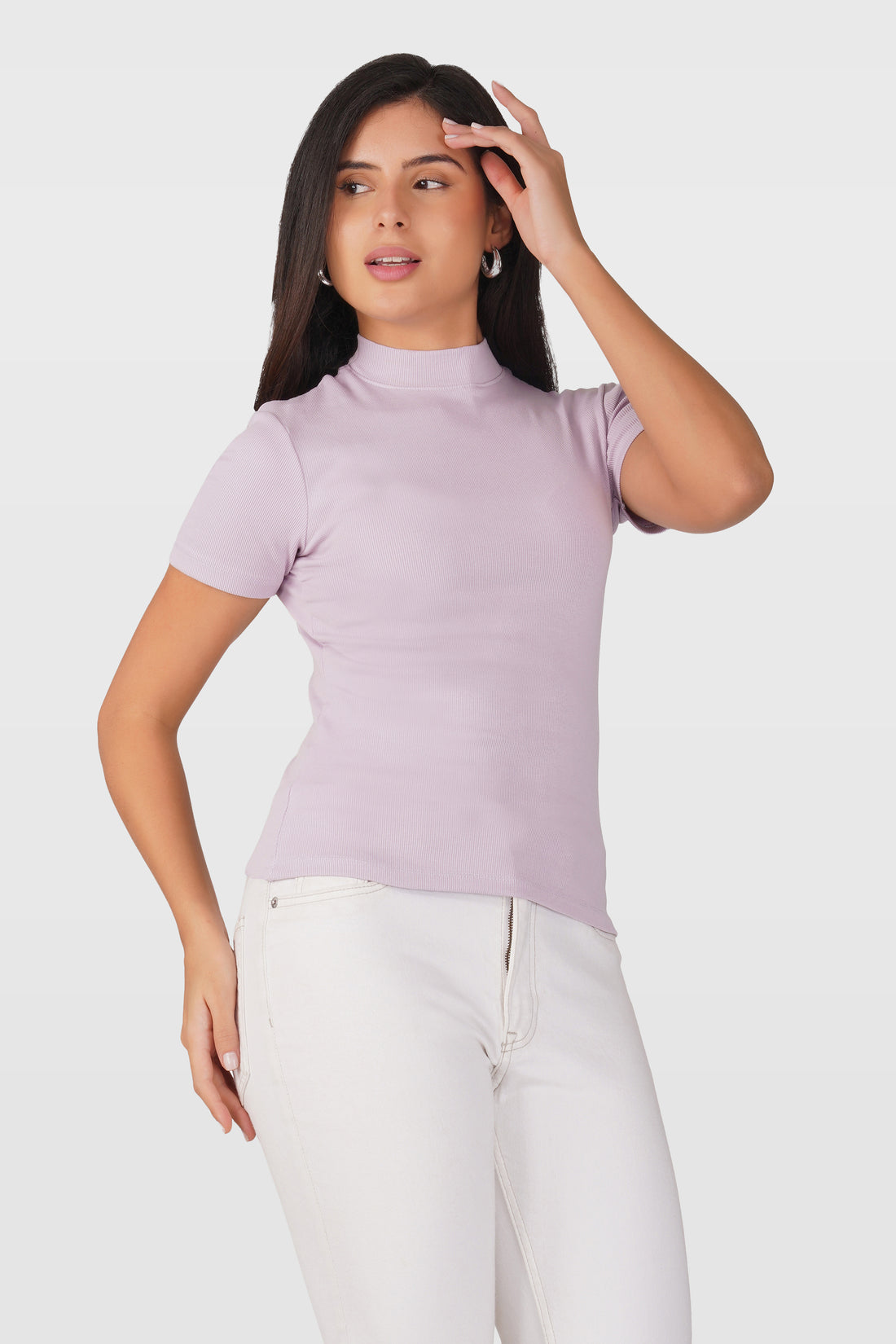 Lavender Ribbed Mock Neck Short Sleeve Top