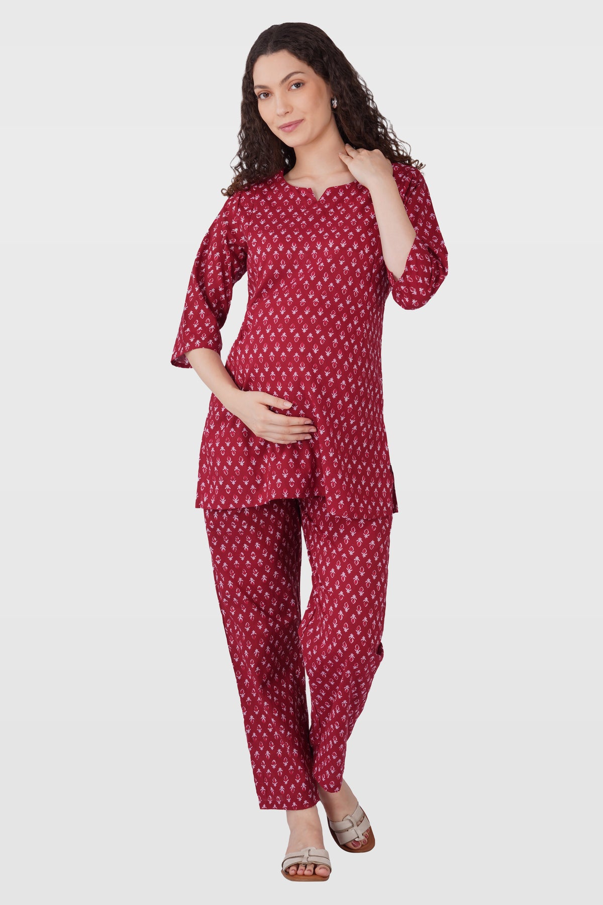 Maroon Butta Cotton Printed Maternity and Feeding Pyjama Set
