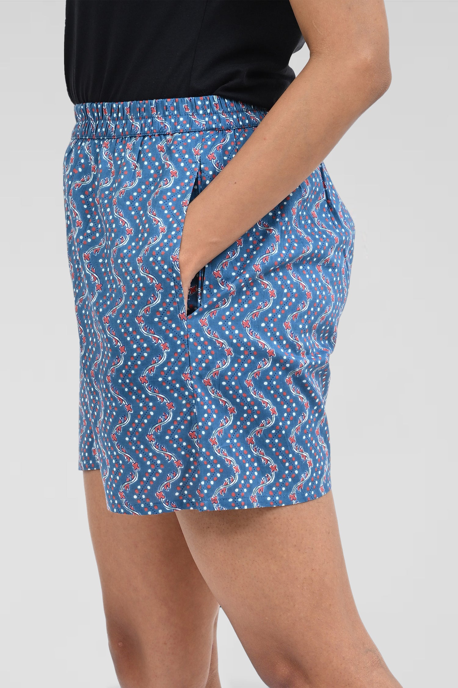 Light Navy Blue Cotton Printed Shorts