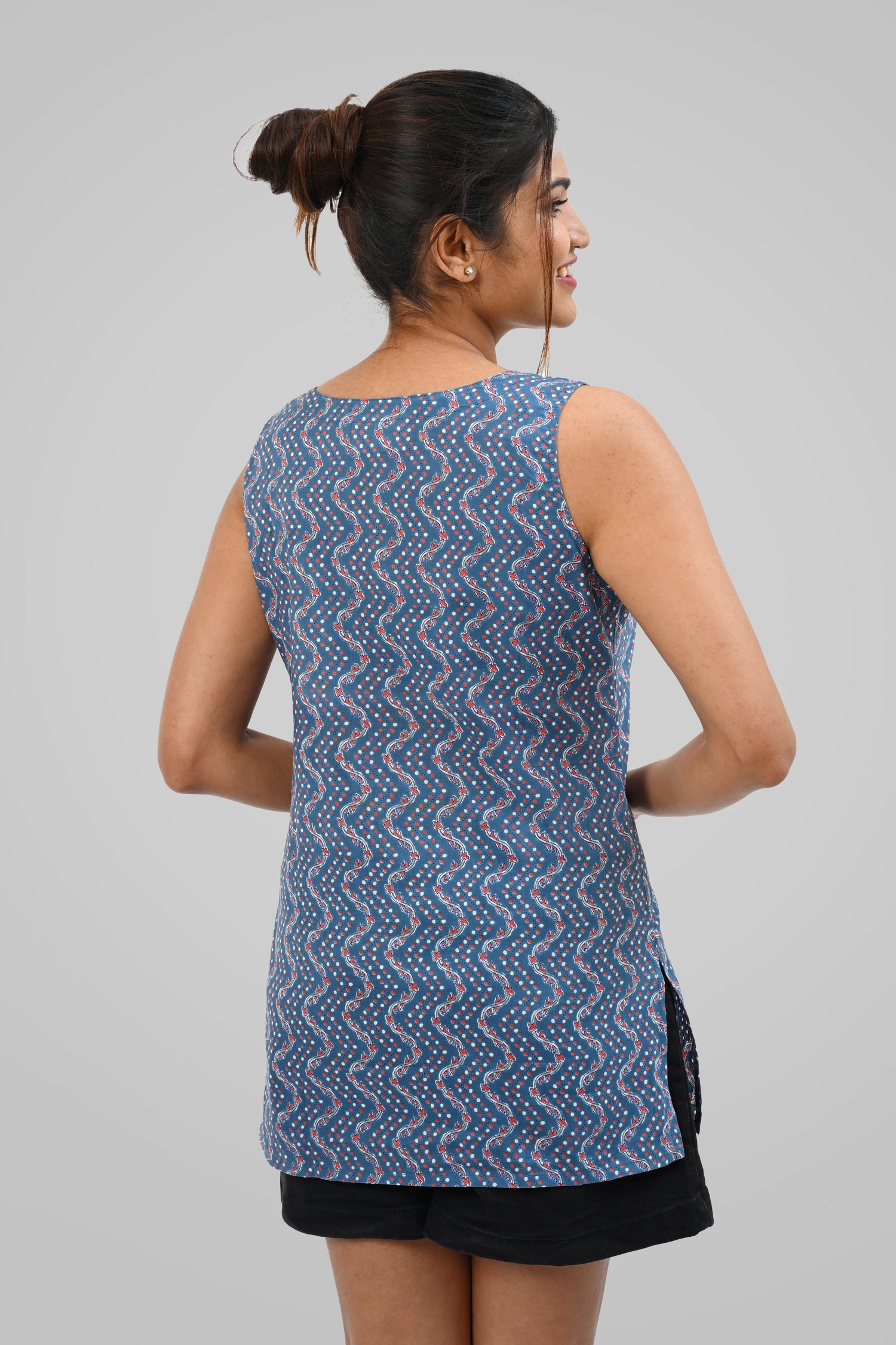 Light Navy Blue Cotton Printed Sleeveless Kurti