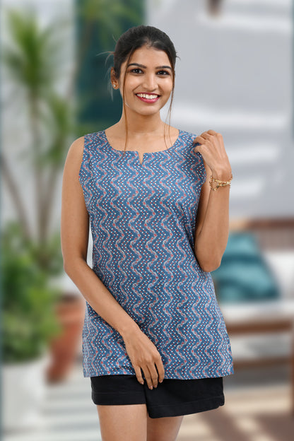 Light Navy Blue Cotton Printed Sleeveless Kurti