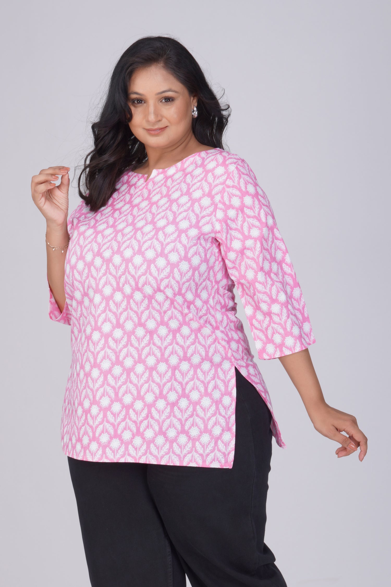 Light Pink Plus Size Cotton Printed Kurti