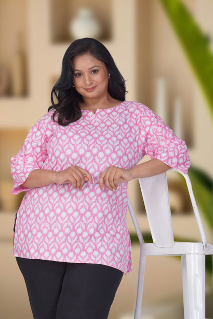 Light Pink Plus Size Cotton Printed Kurti