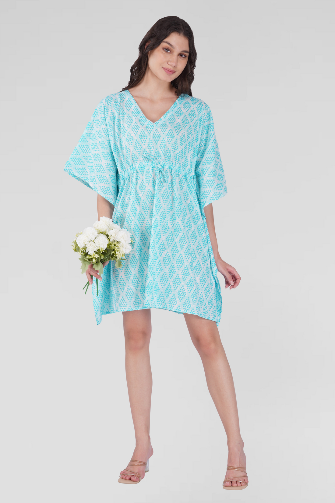 Light Blue Cotton Printed Kaftan Top