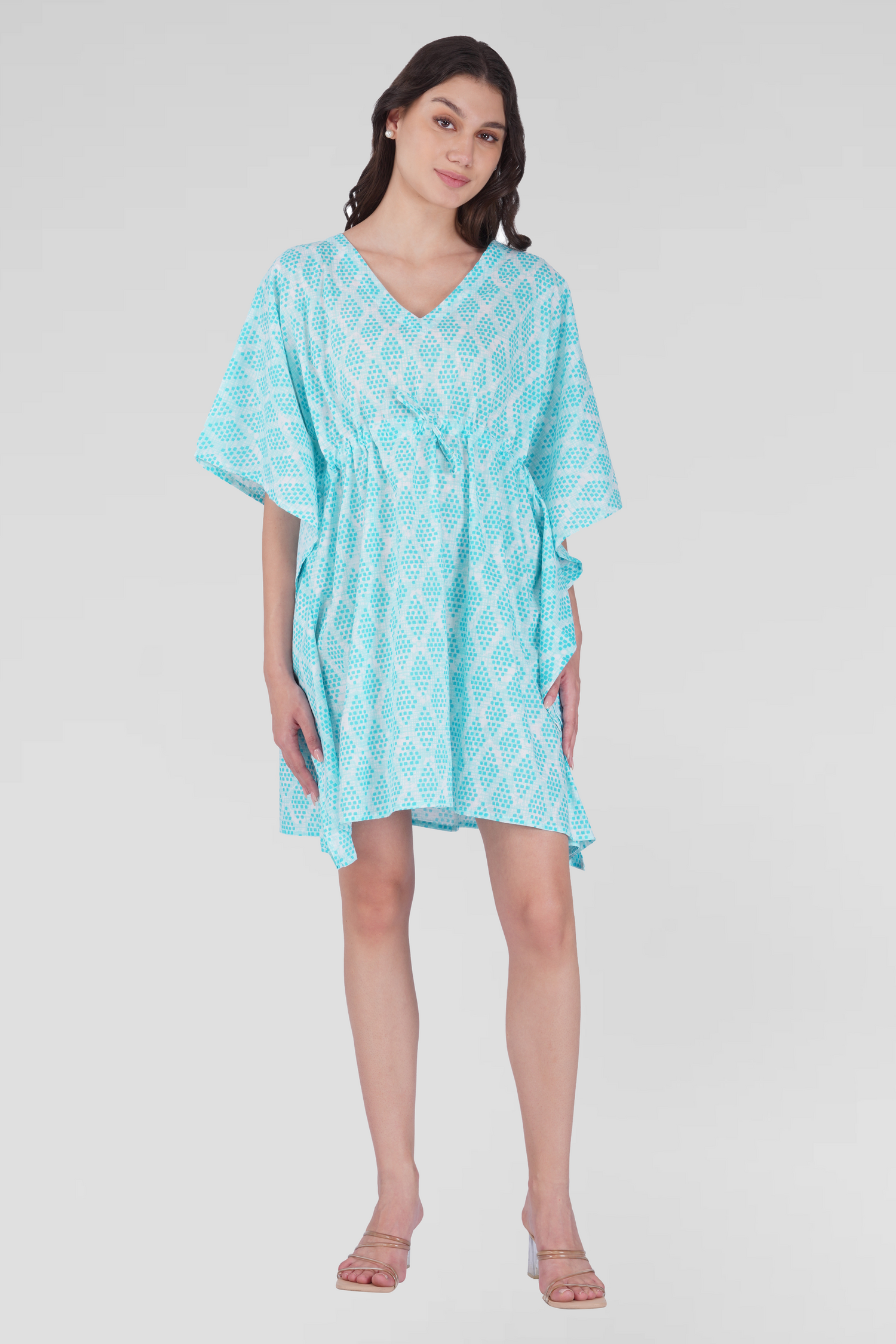 Light Blue Cotton Printed Kaftan Top