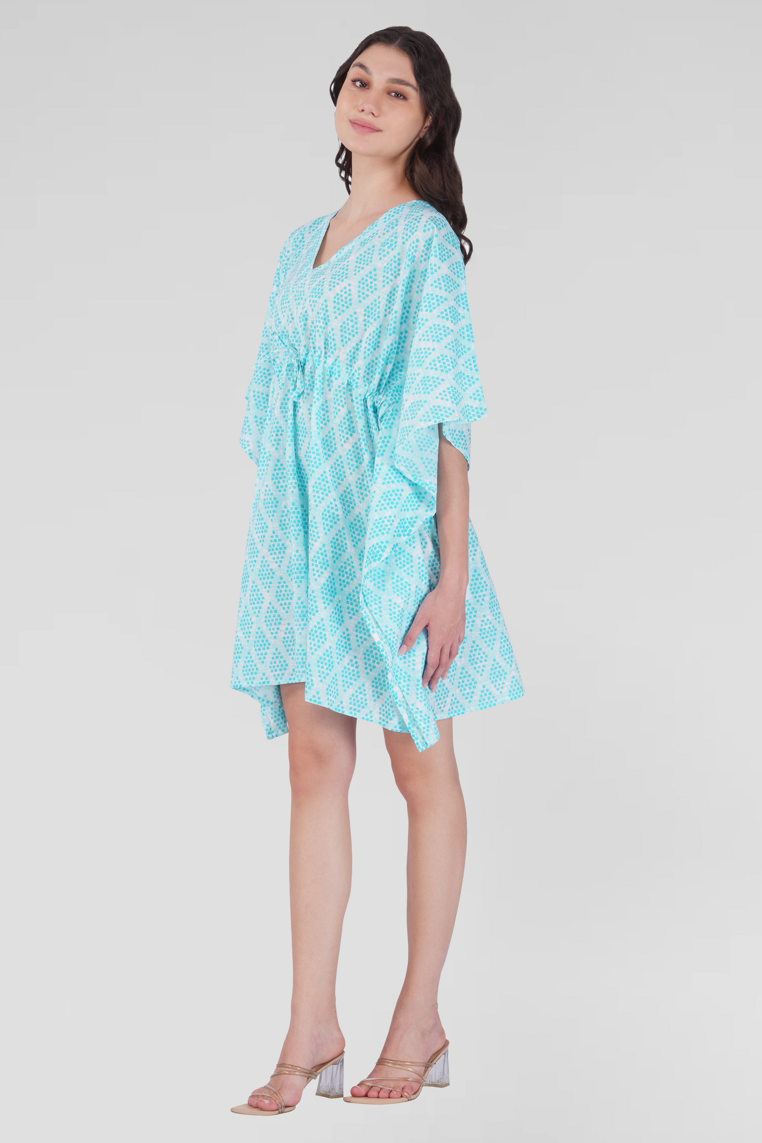 Light Blue Cotton Printed Kaftan Top
