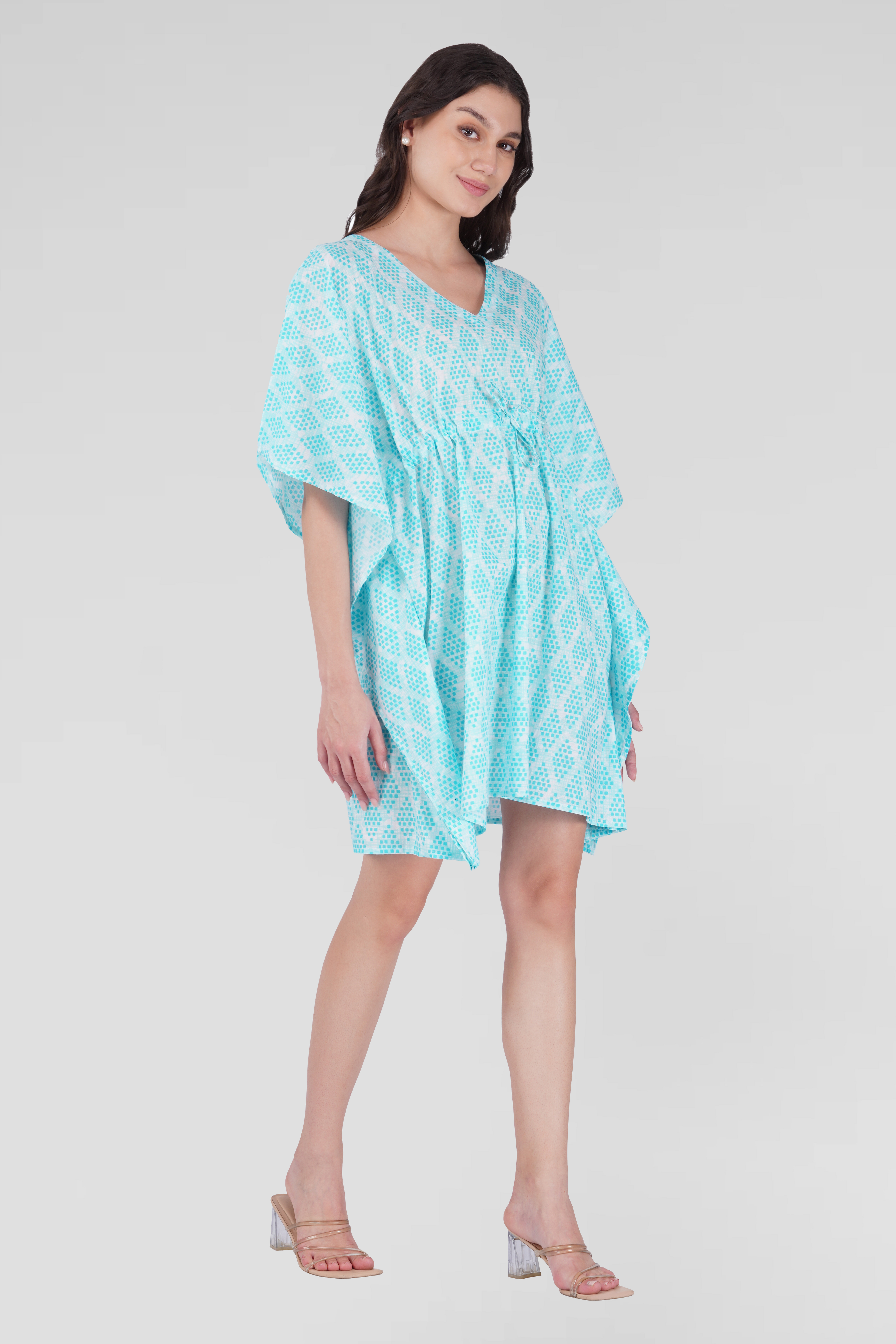 Light Blue Cotton Printed Kaftan Top