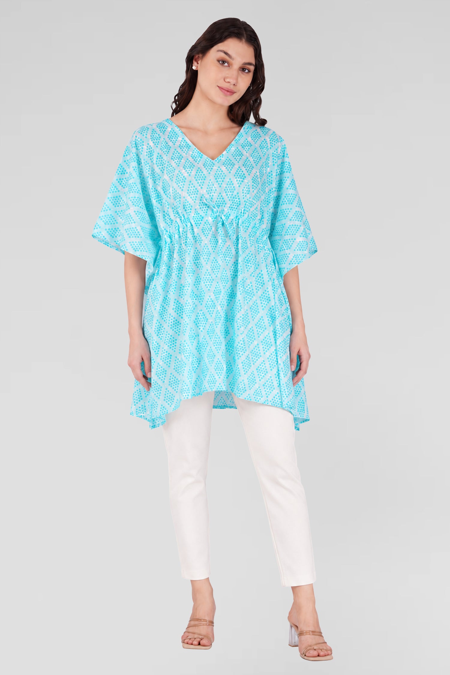 Light Blue Cotton Printed Kaftan Top
