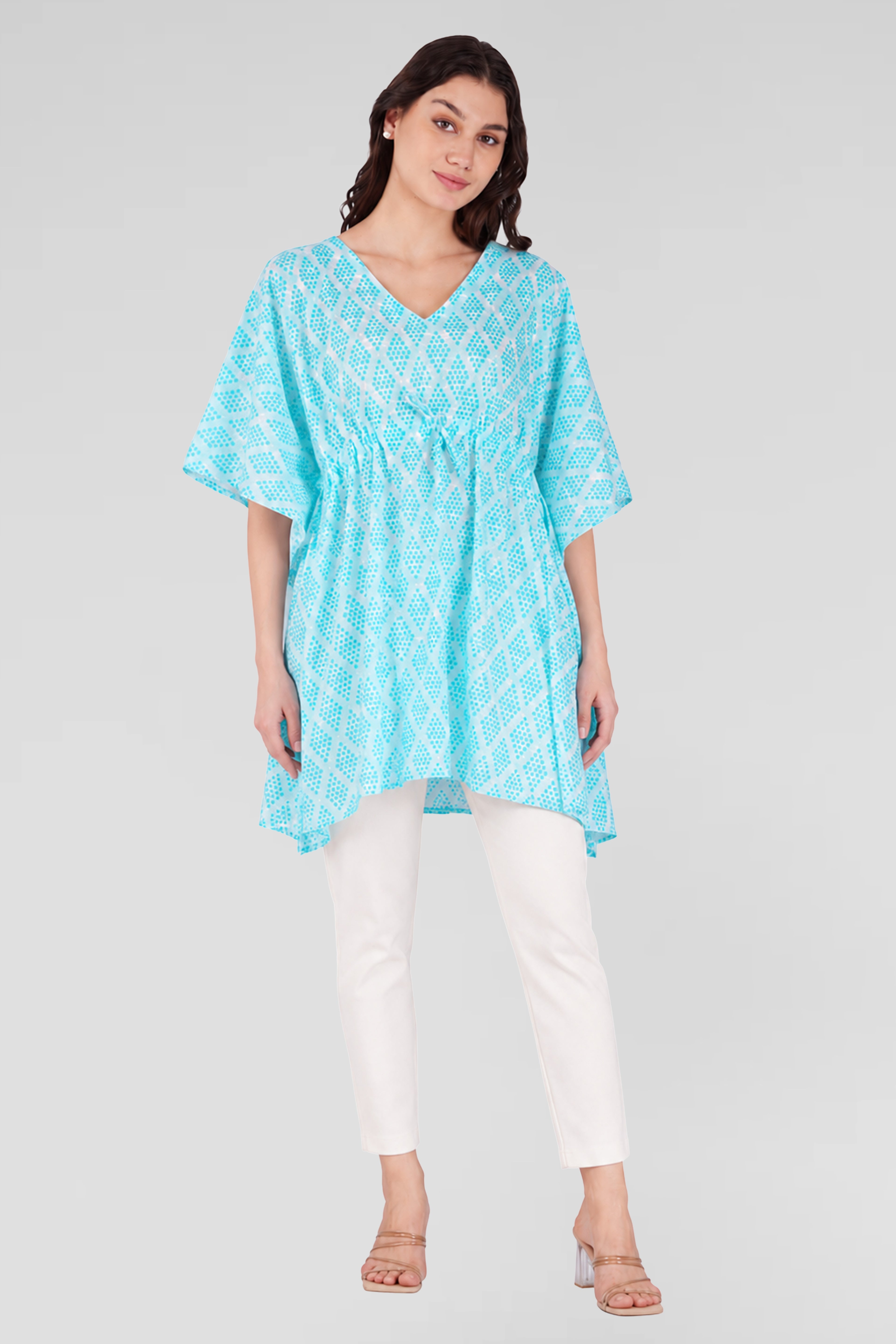 Light Blue Cotton Printed Kaftan Top