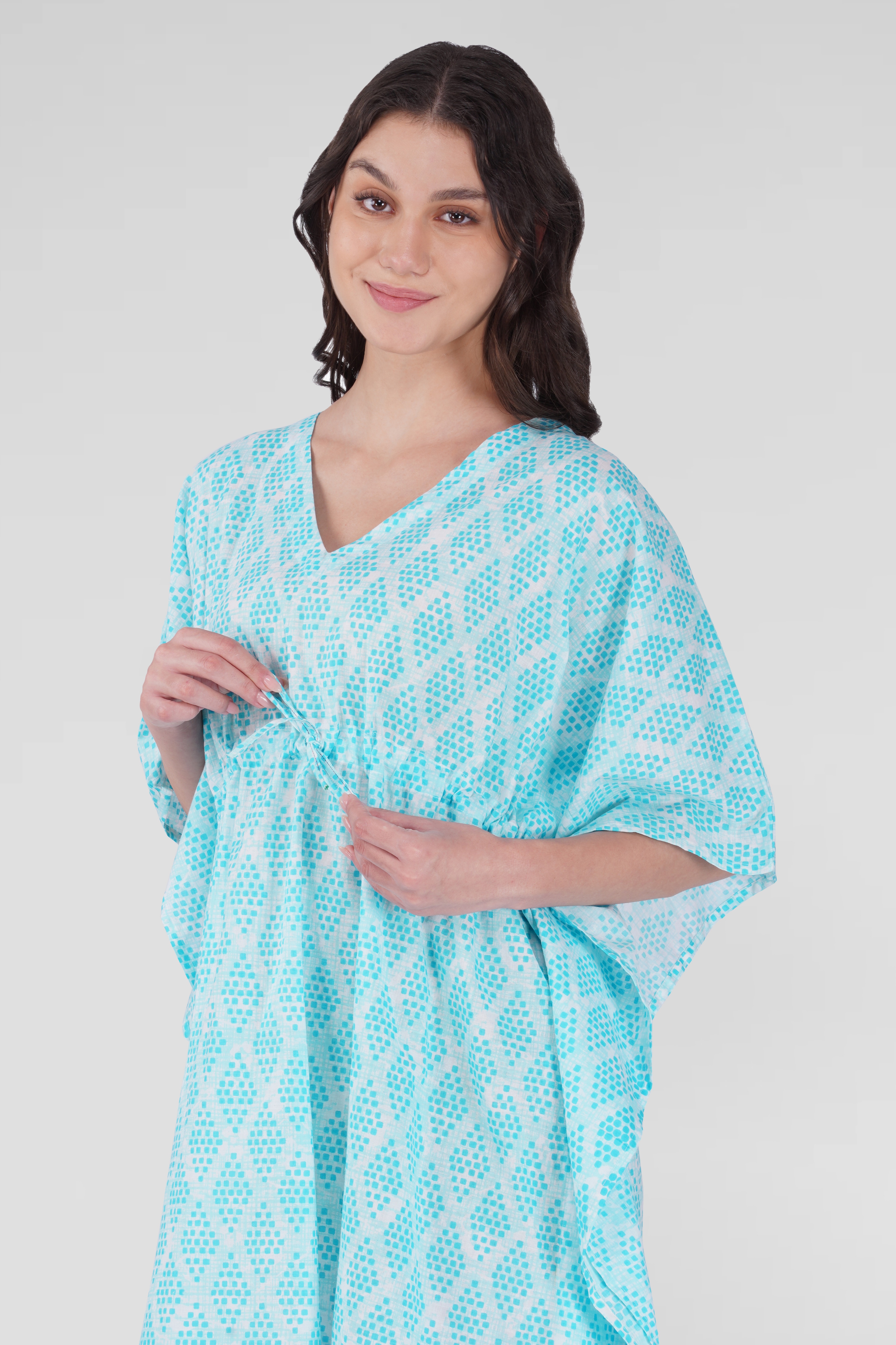 Light Blue Cotton Printed Kaftan Top