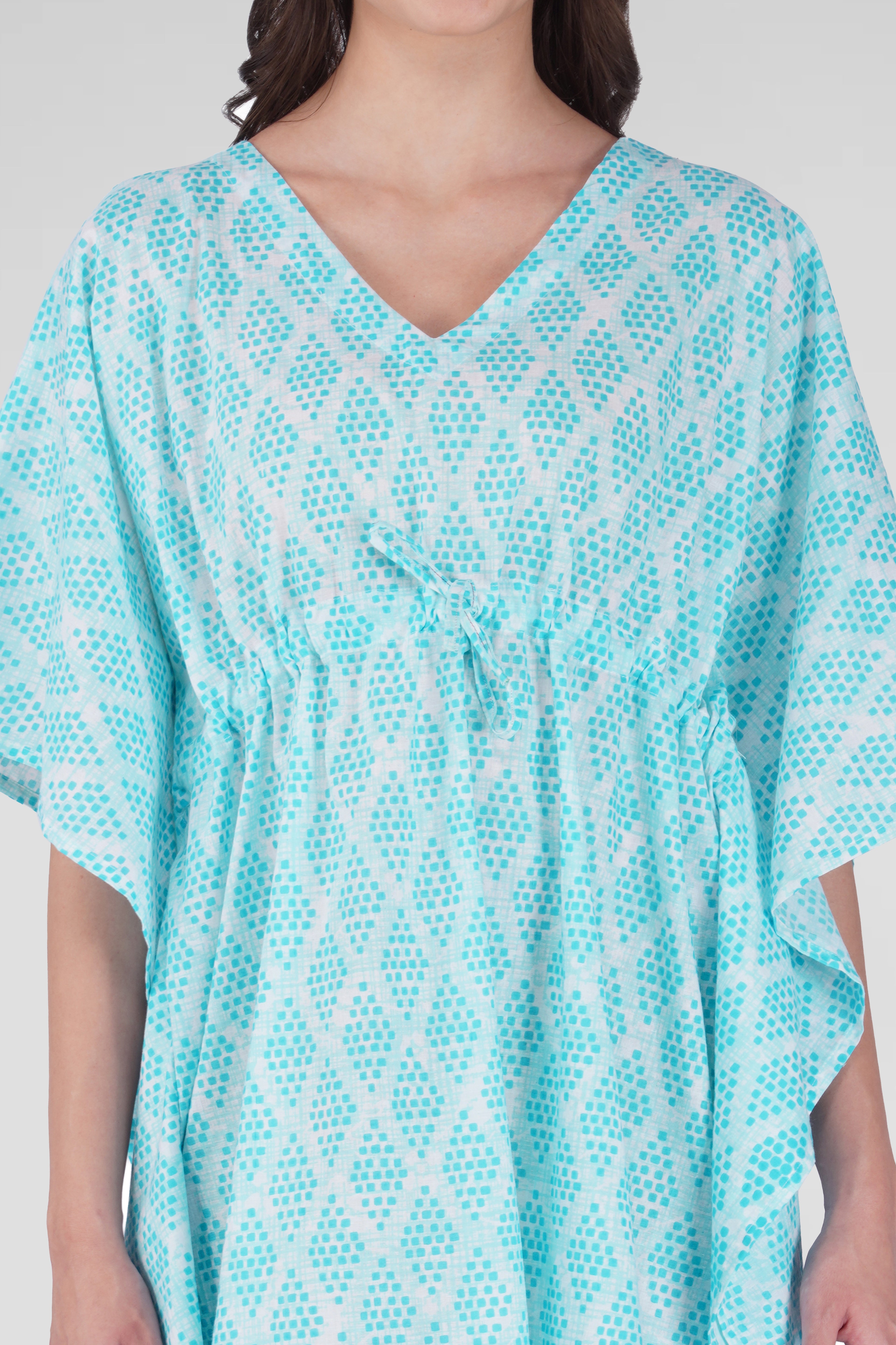 Light Blue Cotton Printed Kaftan Top
