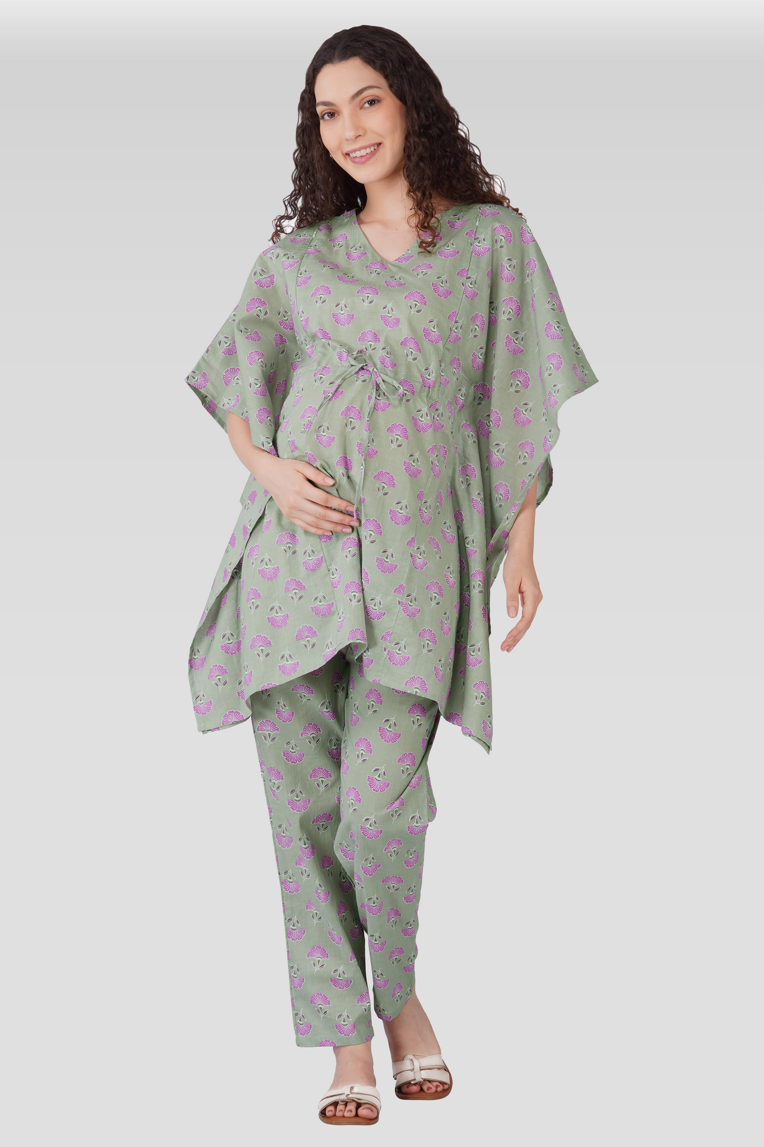 Light Grey Cotton Printed Maternity and Feeding Kaftan Set