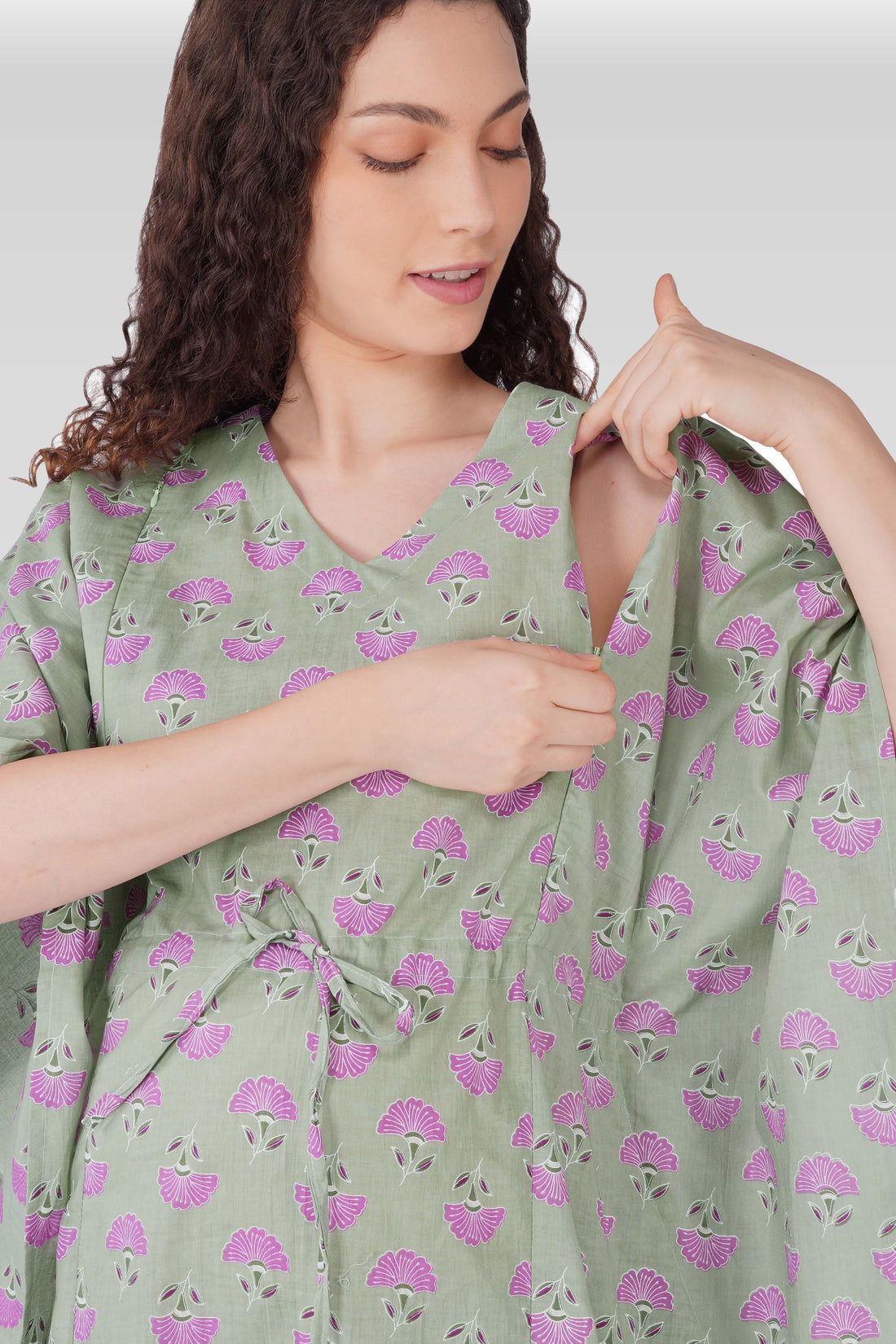 Light Grey Cotton Printed Maternity and Feeding Kaftan Set