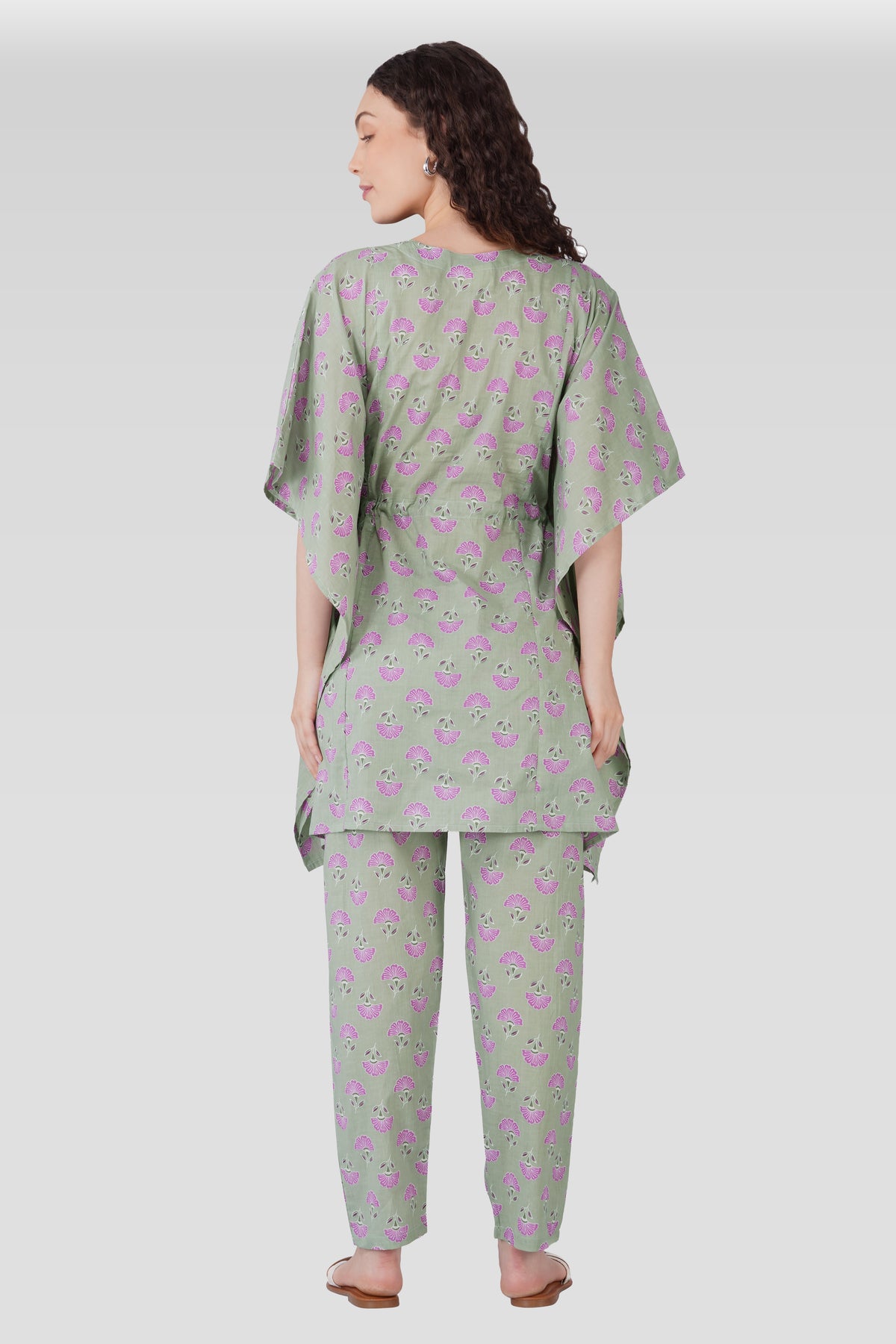 Light Grey Cotton Printed Maternity and Feeding Kaftan Set