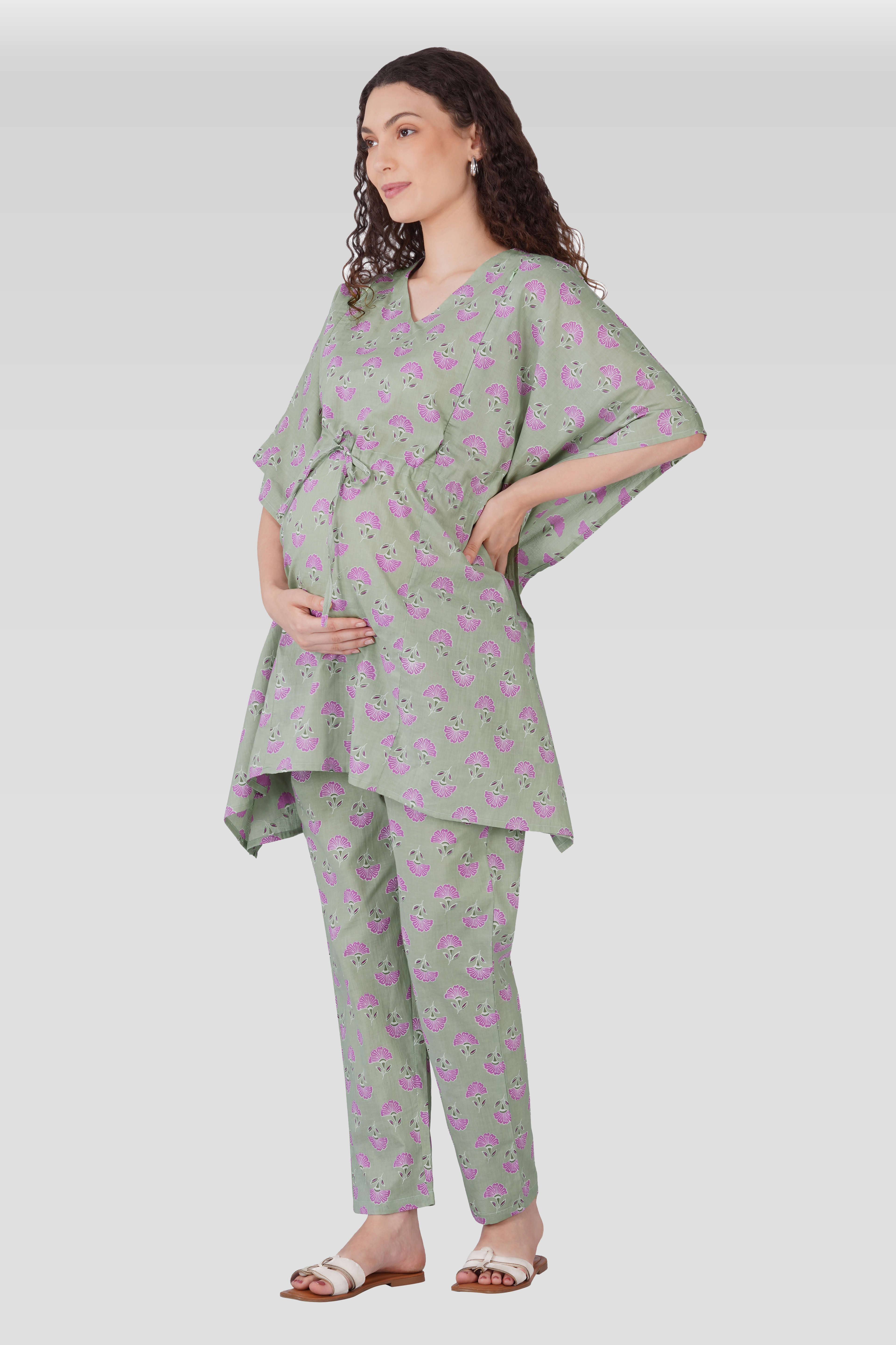 Light Grey Cotton Printed Maternity and Feeding Kaftan Set