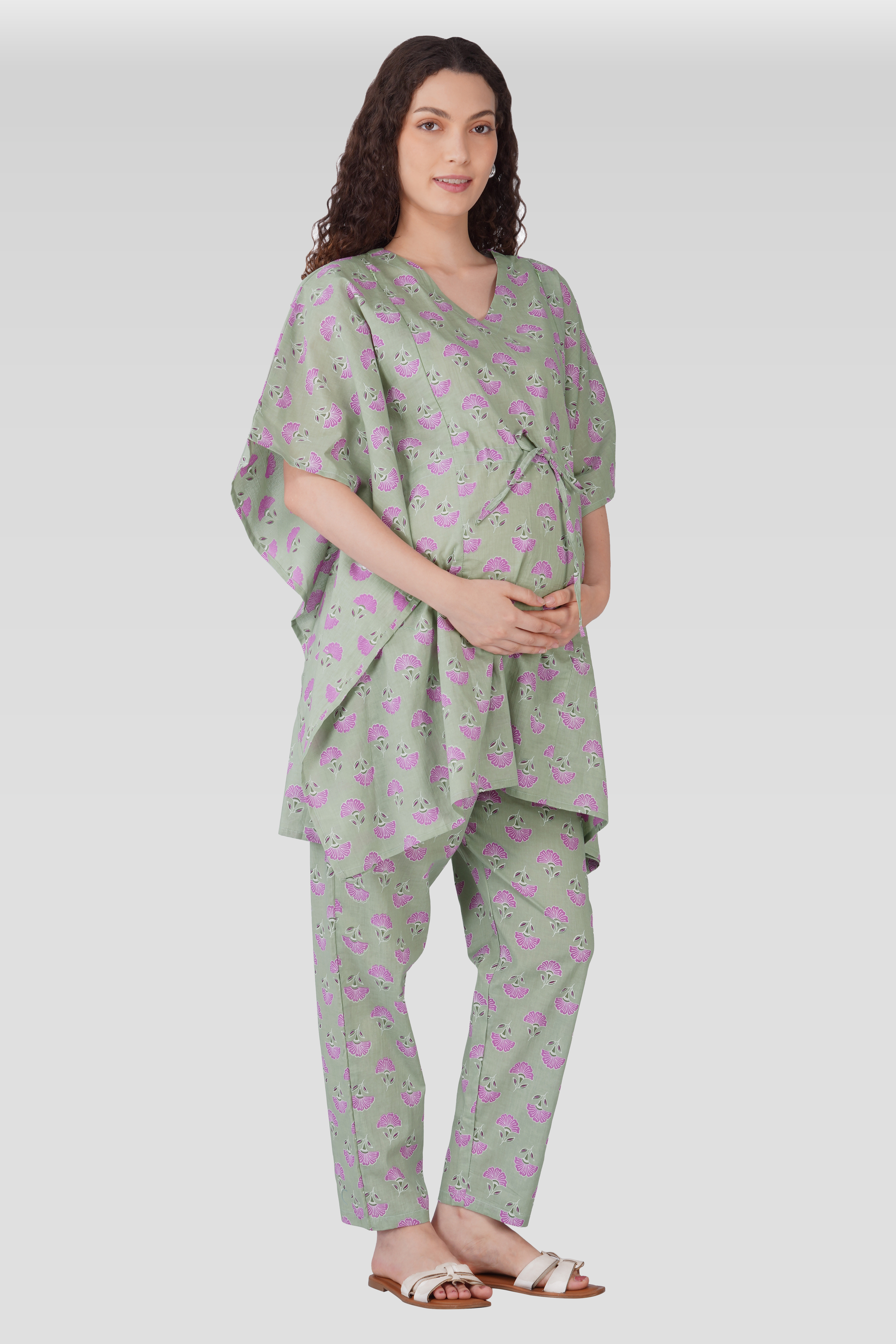 Light Grey Cotton Printed Maternity and Feeding Kaftan Set