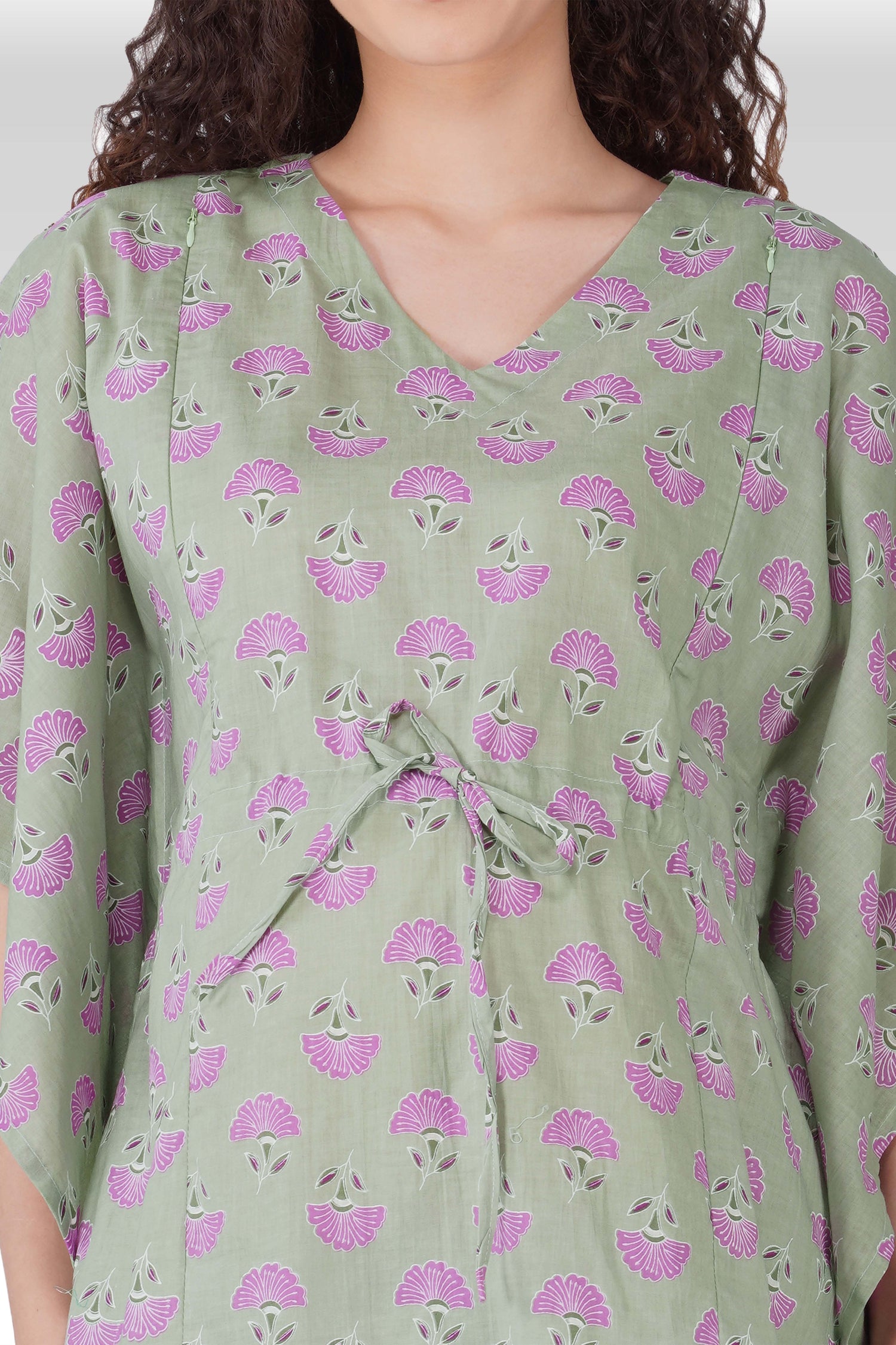 Light Grey Cotton Printed Maternity and Feeding Kaftan Set