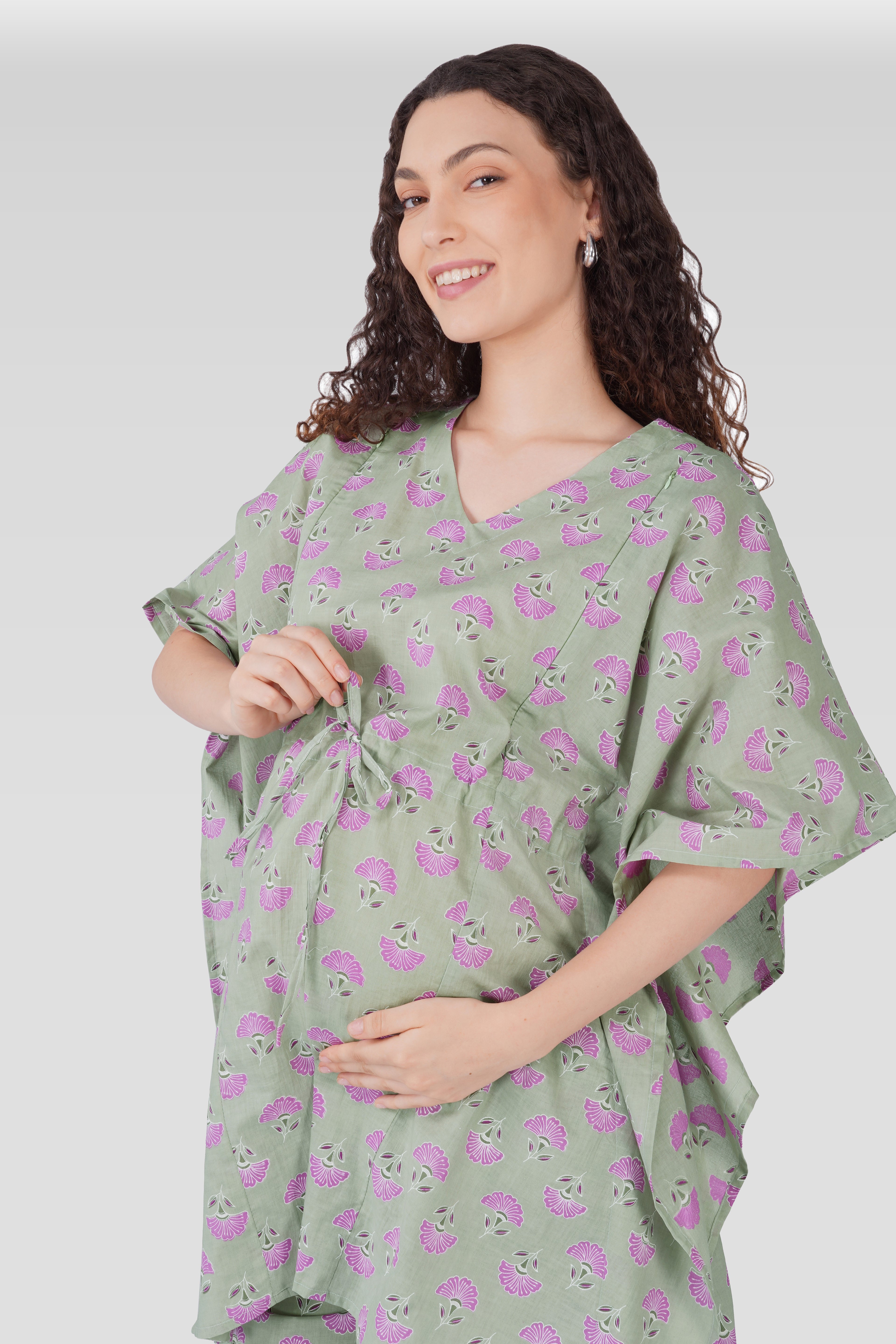 Light Grey Cotton Printed Maternity and Feeding Kaftan Set