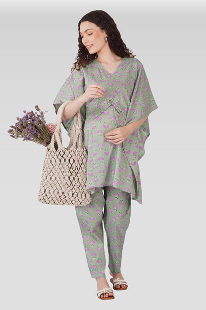 Light Grey Cotton Printed Maternity and Feeding Kaftan Set
