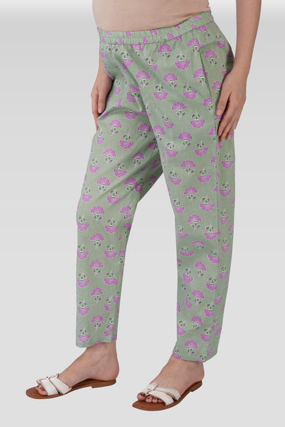 Light Grey Cotton Printed Maternity and Feeding Kaftan Set