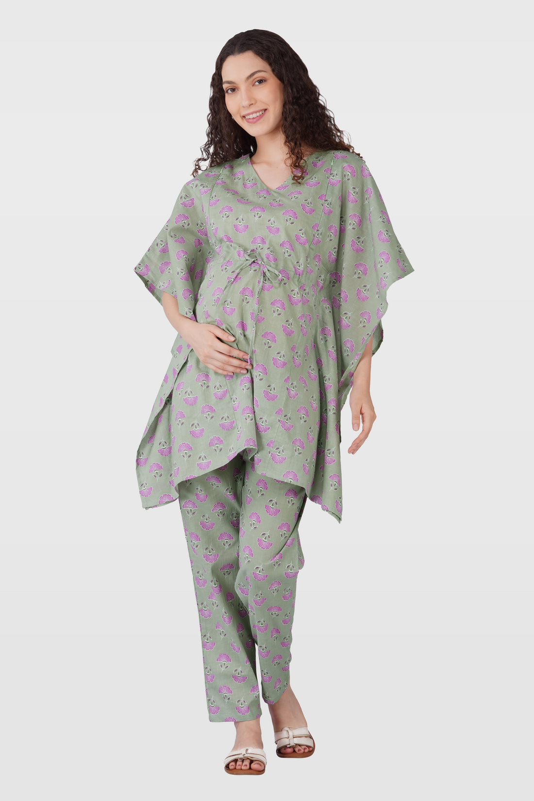 Light Grey Cotton Printed Maternity and Feeding Kaftan Set