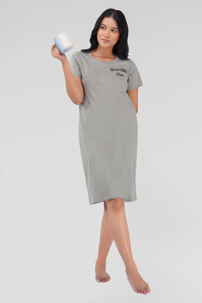 Light Grey Cotton Printed T-Shirt Nightdress