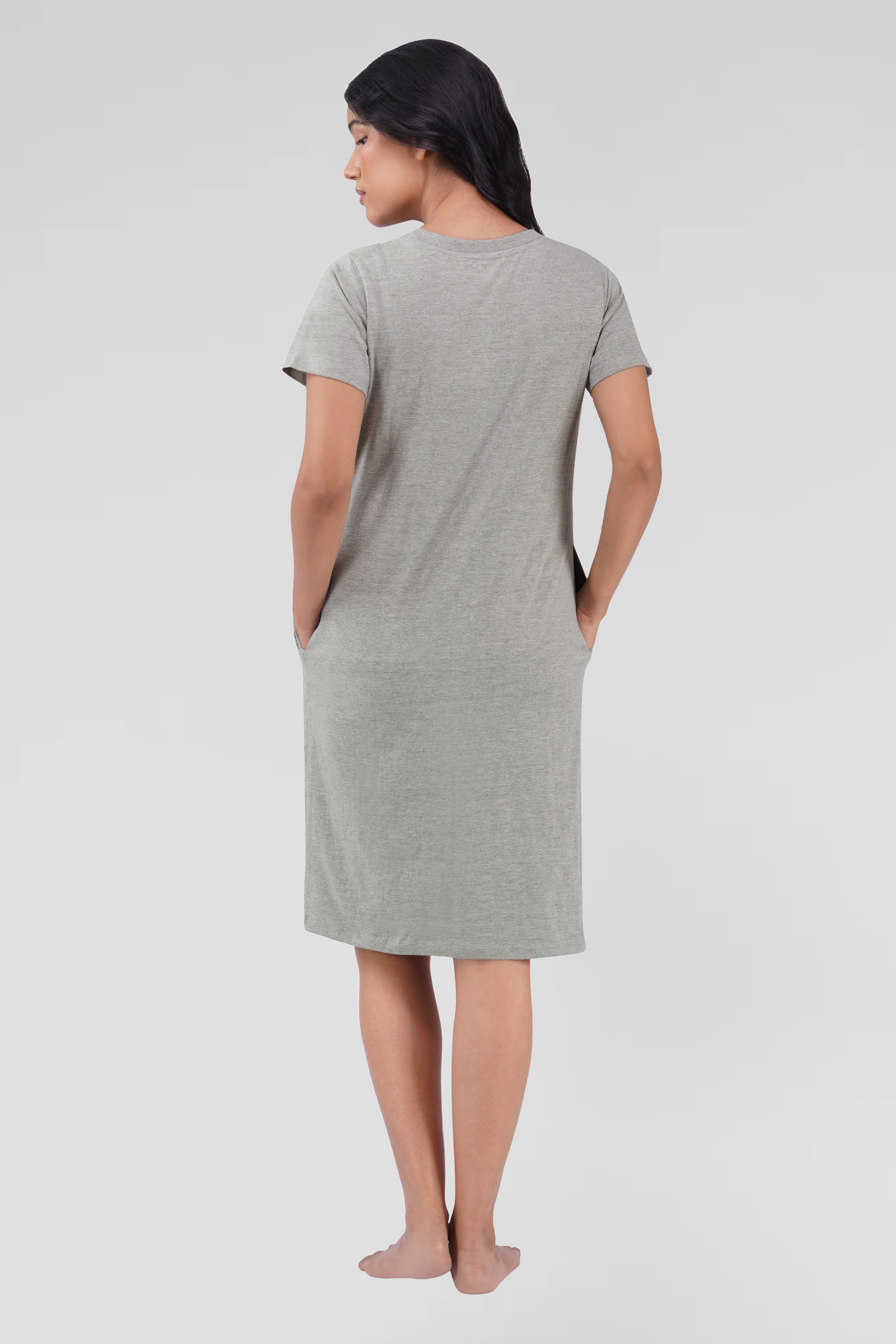 Light Grey Cotton Printed T-Shirt Nightdress