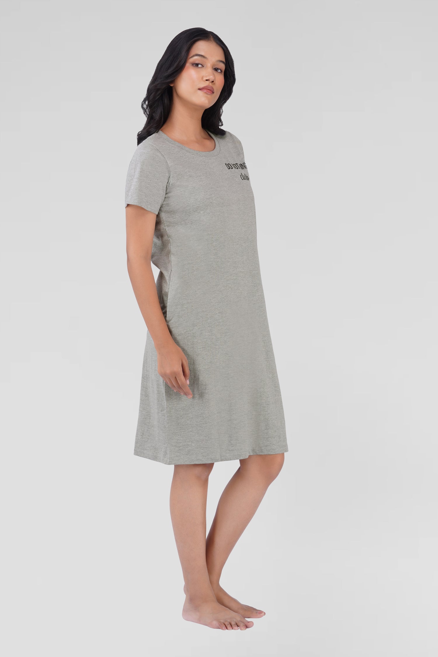 Light Grey Cotton Printed T-Shirt Nightdress