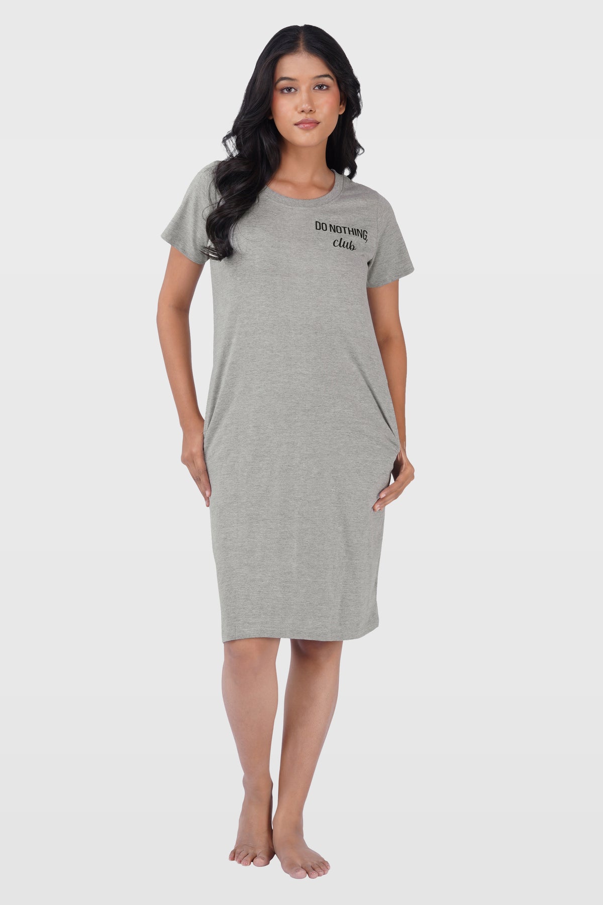 Light Grey Cotton Printed T-Shirt Nightdress