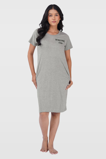 Light Grey Cotton Printed T-Shirt Nightdress