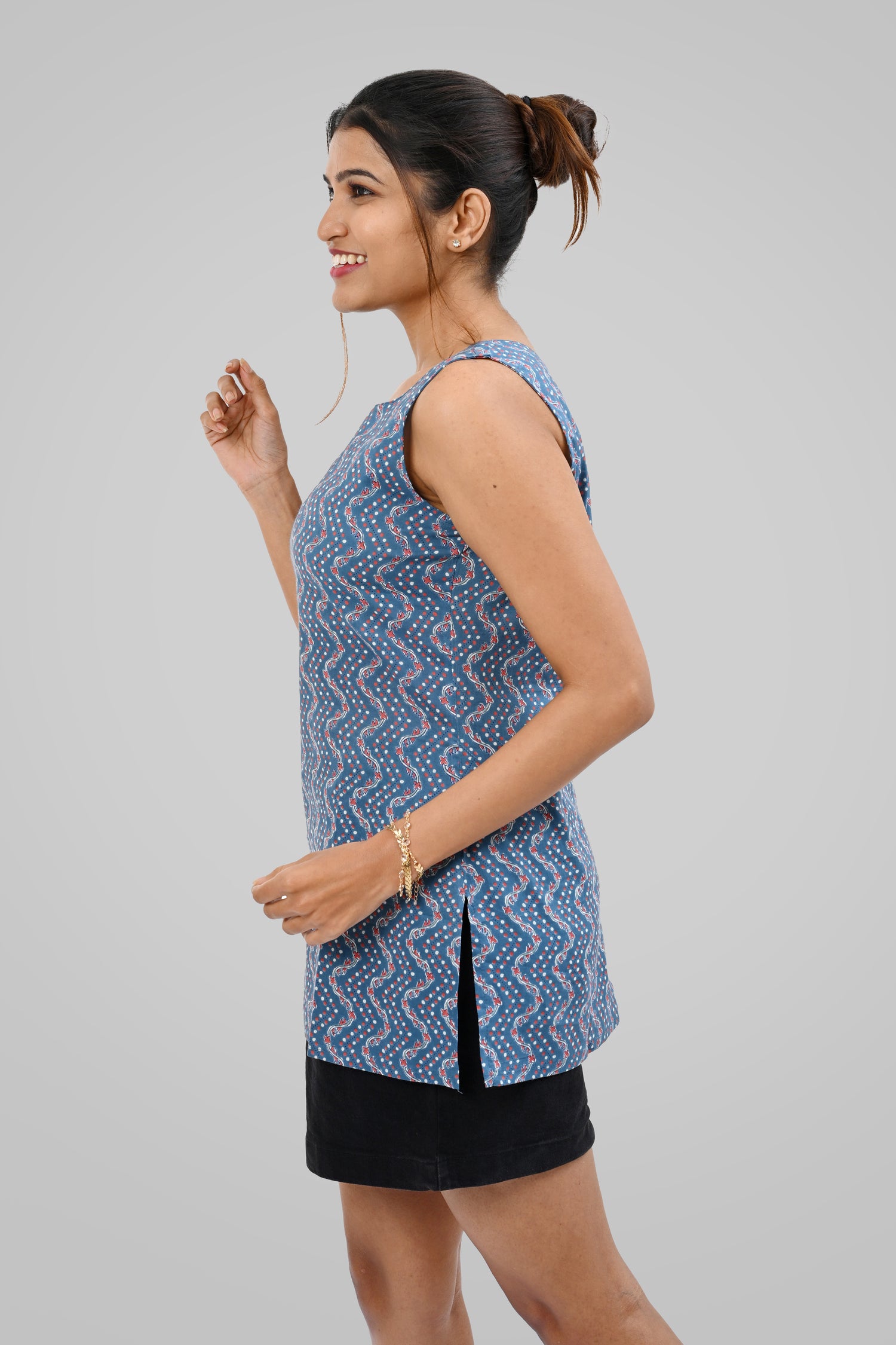 Light Navy Blue Cotton Printed Sleeveless Kurti