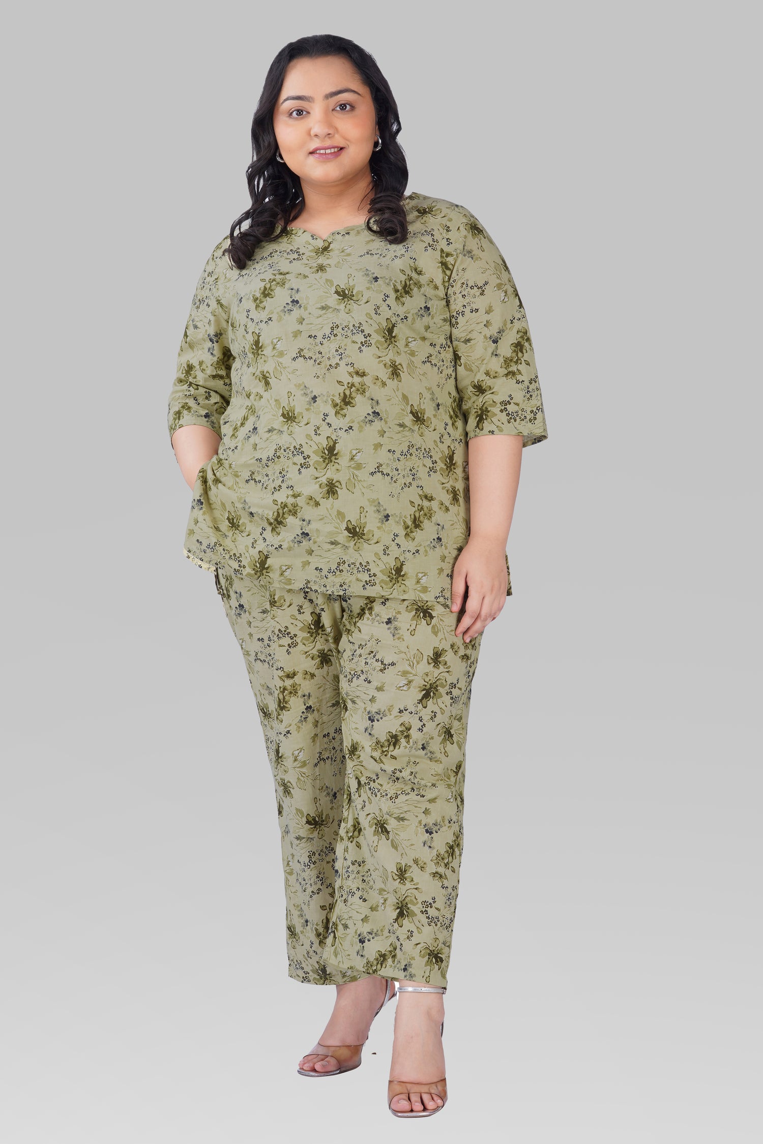 Light Pastel Green Plus Size Cotton Printed Pyjama Set