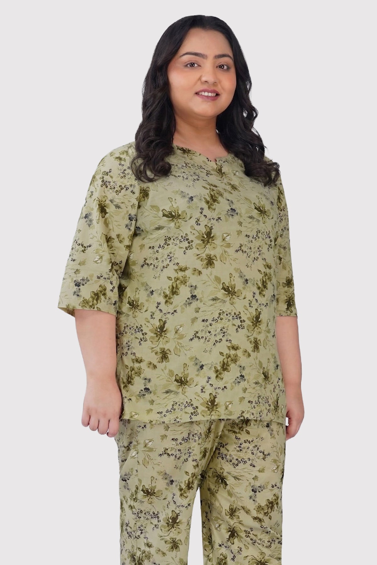 Light Pastel Green Plus Size Cotton Printed Pyjama Set