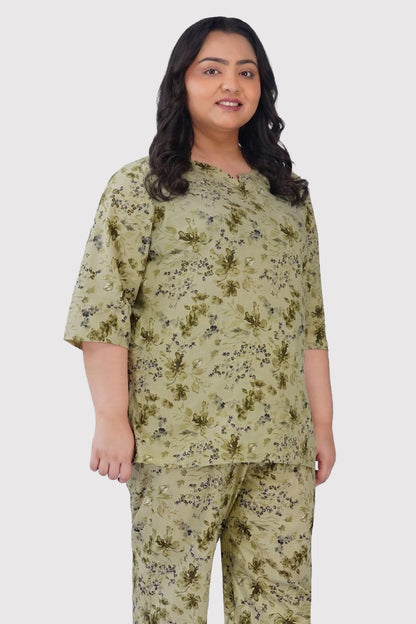 Light Pastel Green Plus Size Cotton Printed Pyjama Set