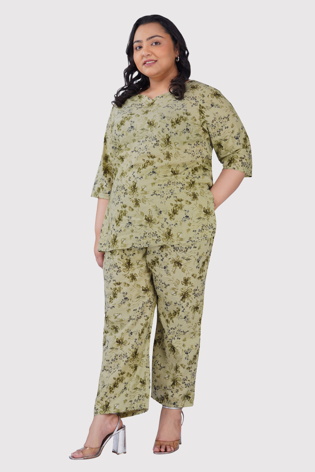 Light Pastel Green Plus Size Cotton Printed Pyjama Set