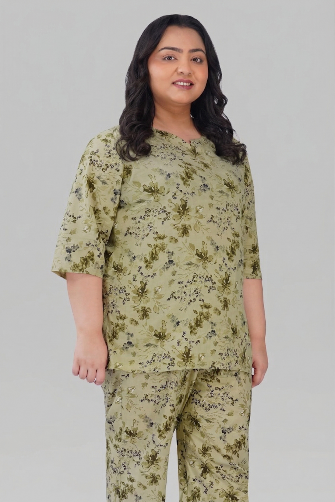 Light Pastel Green Plus Size Cotton Printed Pyjama Set