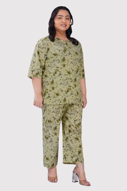 Light Pastel Green Plus Size Cotton Printed Pyjama Set