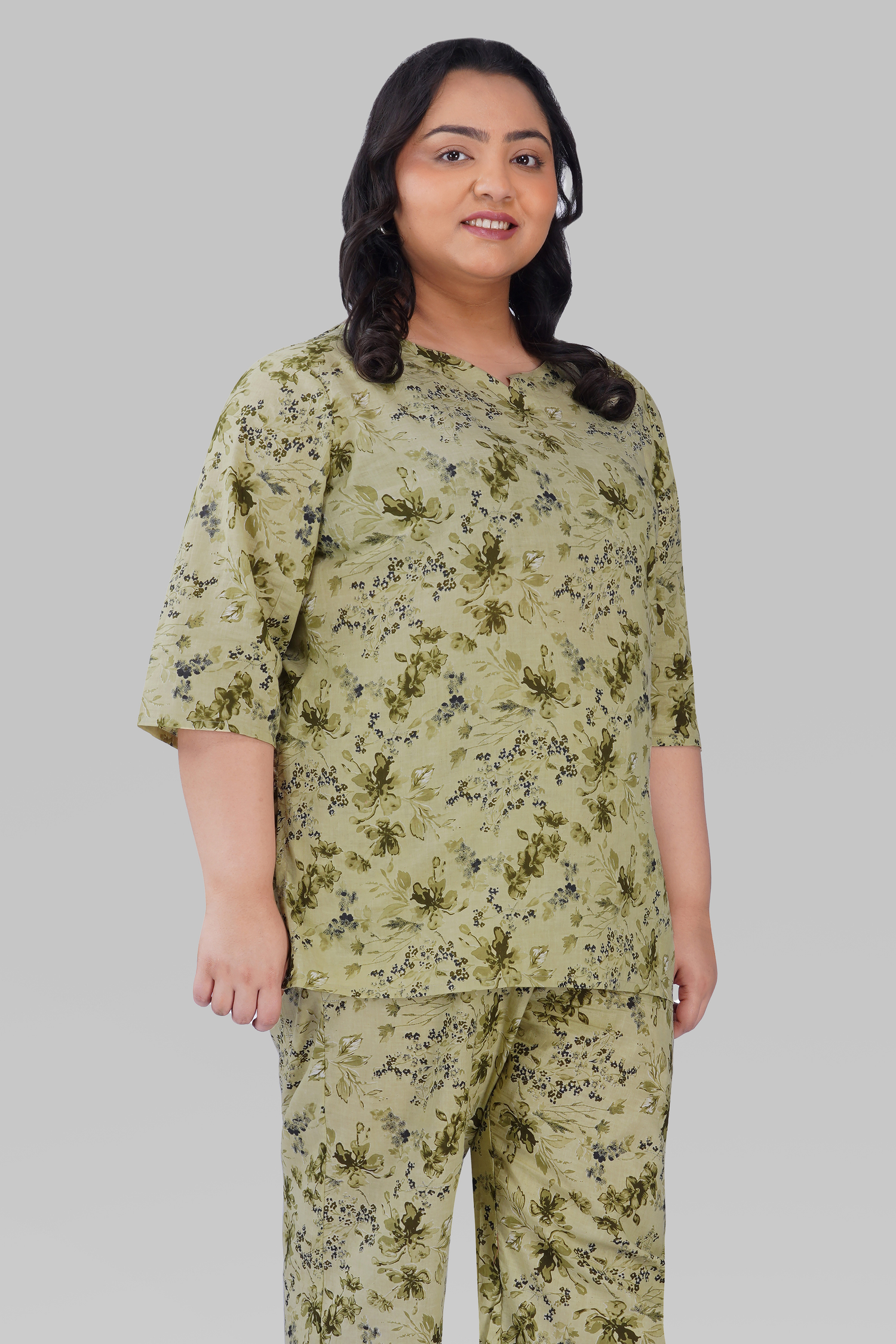 Light Pastel Green Plus Size Cotton Printed Pyjama Set