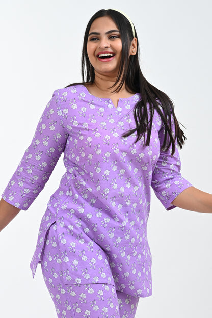 Light Pastel Purple Cotton Printed Pyjama Set