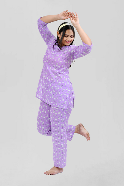Light Pastel Purple Cotton Printed Pyjama Set