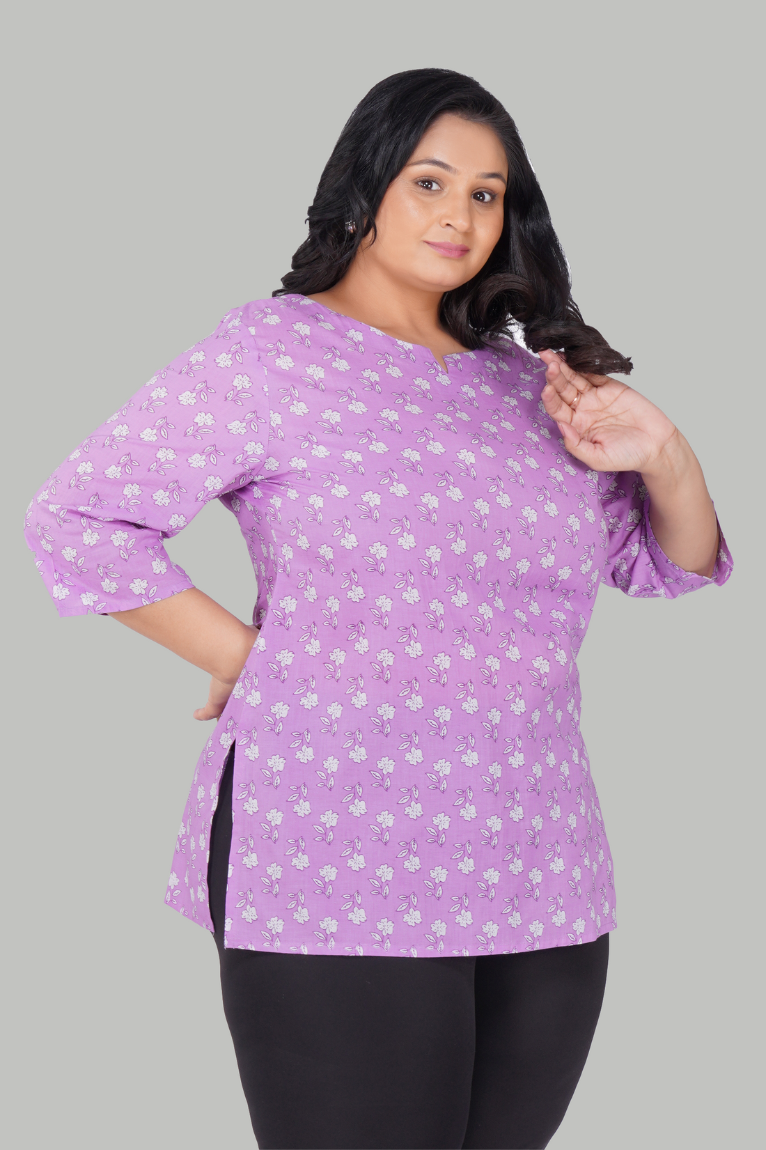 Light Pastel Purple Plus Size Cotton Printed Kurti
